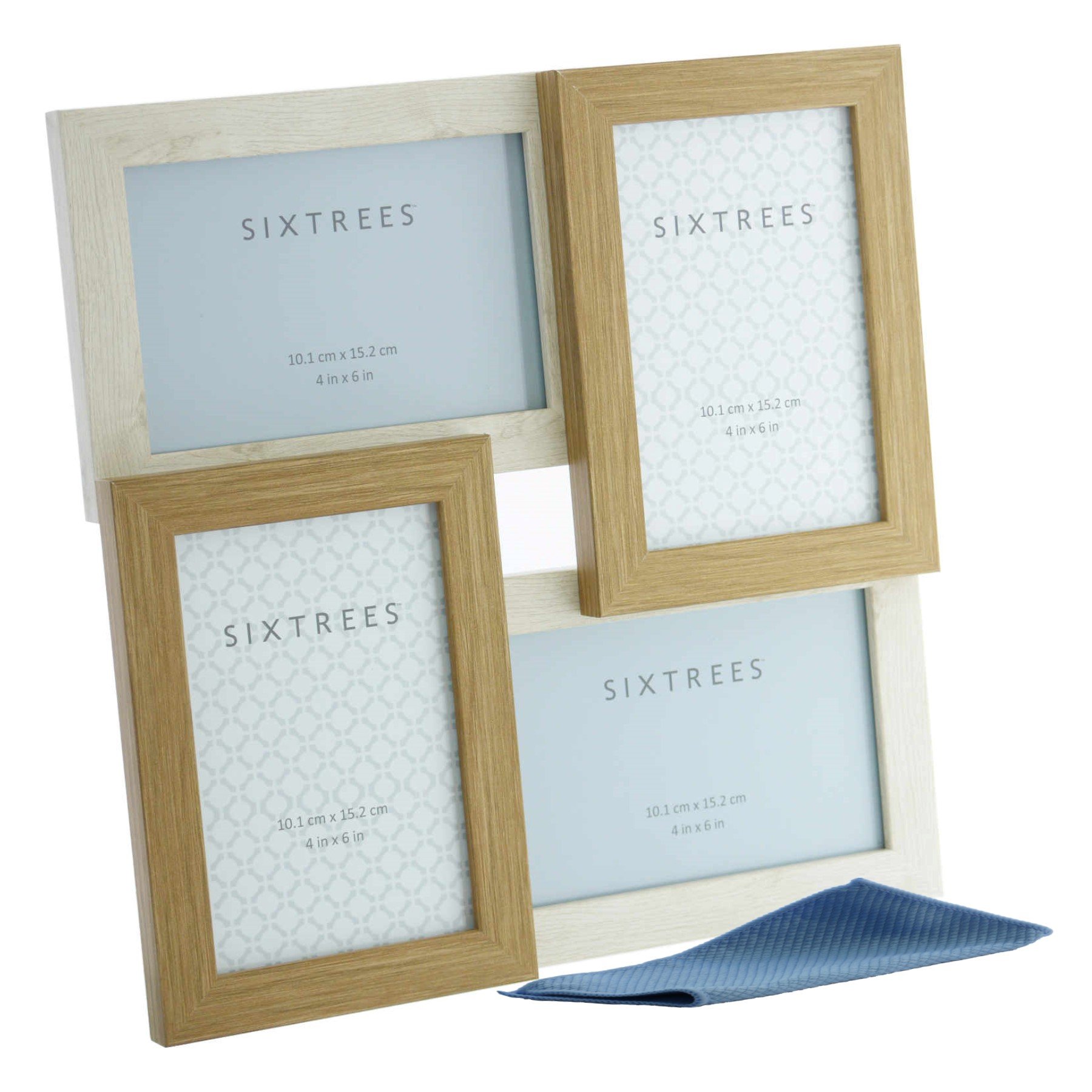 Sixtrees WD207-4C Star White/Oak Multi Aperture Photo Frame for Four 6x4 inch pictures. Complete with microfibre polishing cloth.