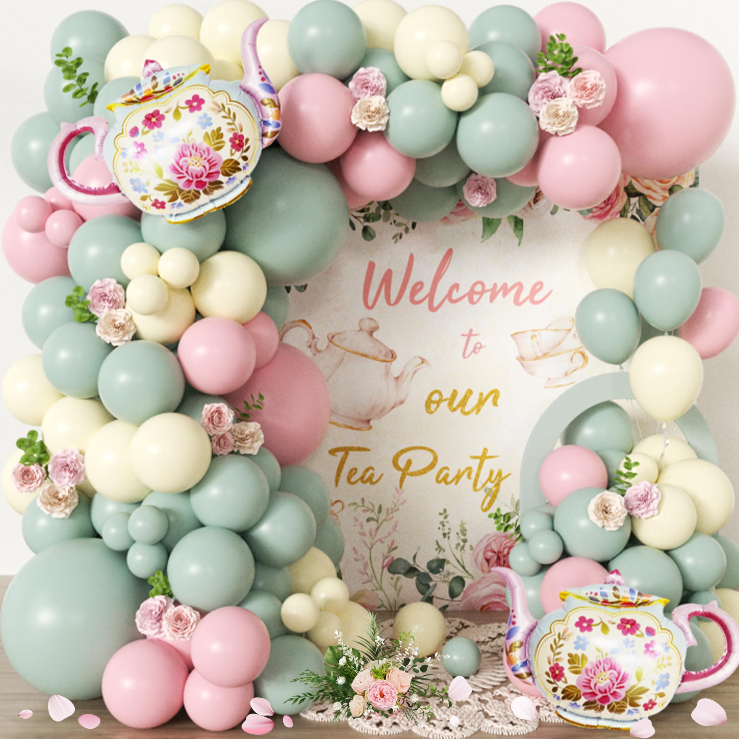 Photo 1 of 102pcs Tea Party Decorations Balloon Garland Arch Kit with 2 Giant Floral Teapot Foil Balloons, 18/12/10/5 Inch Sage Green Dusty Pink Cream Latex for Girls Birthday,Garden Bridal Shower