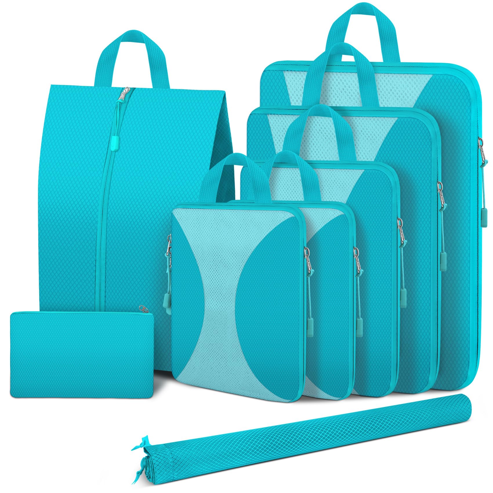 Photo 1 of 8 Set Compression Packing Cubes for Travel, Packing Cubes Compression Travel Accessories Expandable Packing Organizers for Carry on Luggage Suitcase (Turquoise)