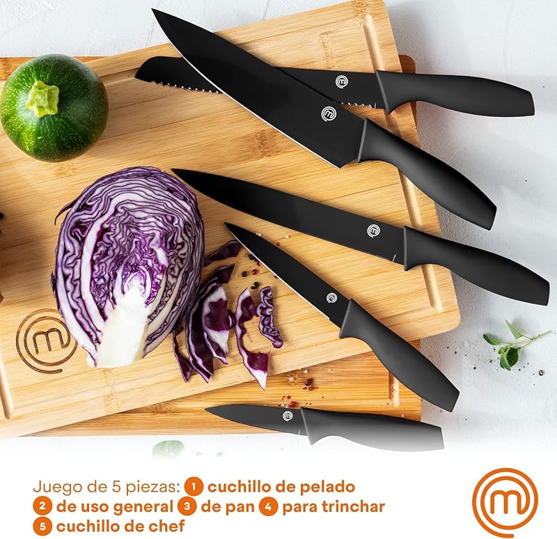 Facas de cozinha masterchef, conjunto de facas de cozinha, conjunto de facas de chef (carne, serra para pão, legumes e peixe), aço inoxidável, cabos de toque suave, multifuncional, 5 peças, preto