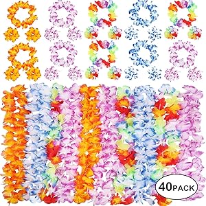 INNOCHEER 40 Pcs Hawaiian Leis, Luau Party Supplies of Elastic Flowers Necklaces, Headbands and Wristbands - Tropical Hawaiian Decorations, Beach Party Decorations, Birthday Party Favors