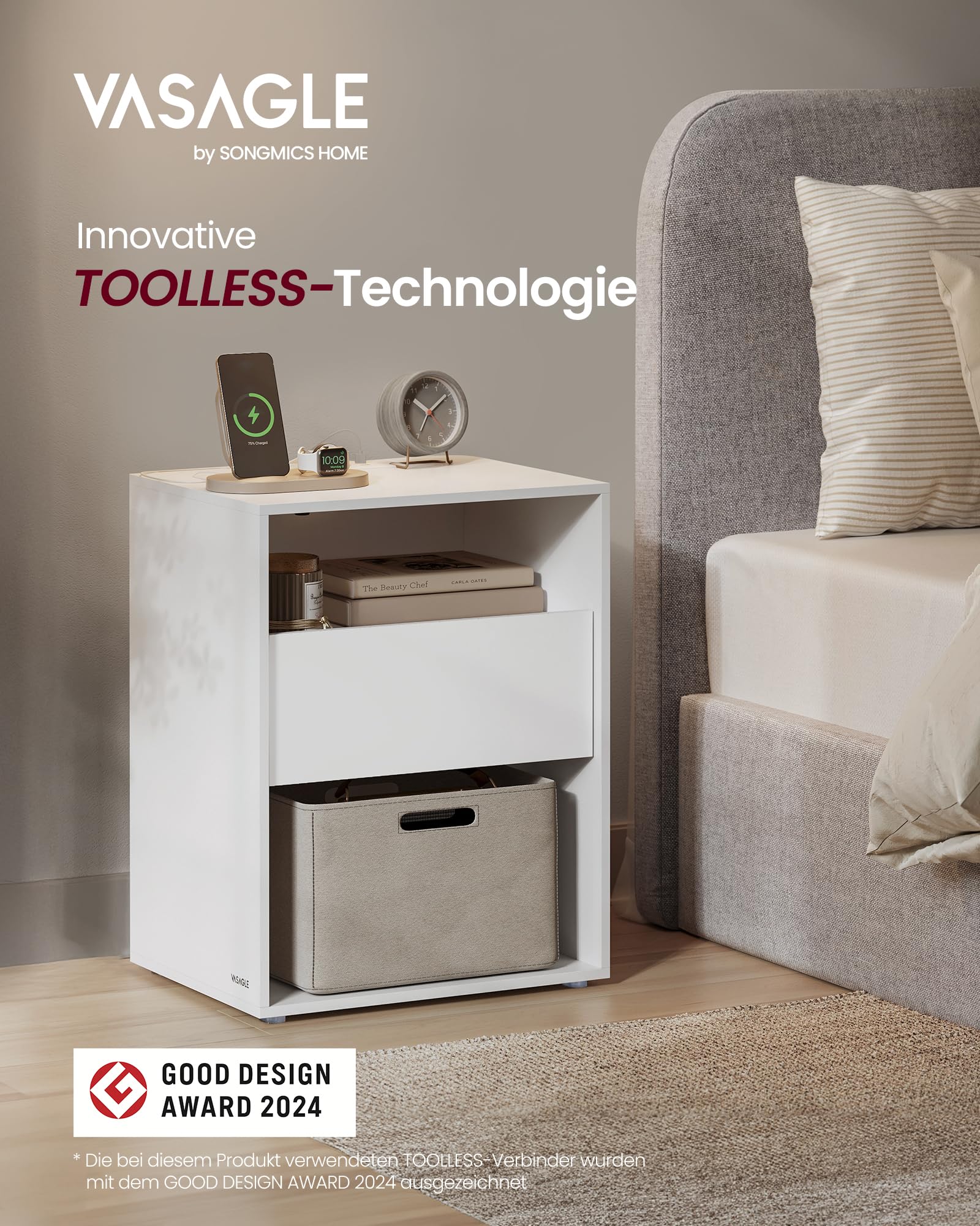 VASAGLE Nachttisch, superschnelle werkzeuglose Montage, Toolless-Technologie, Beistelltisch mit Ladefunktion, Nachtschrank mit Schublade, Schlafzimmer, mattweiß LET777W04 2