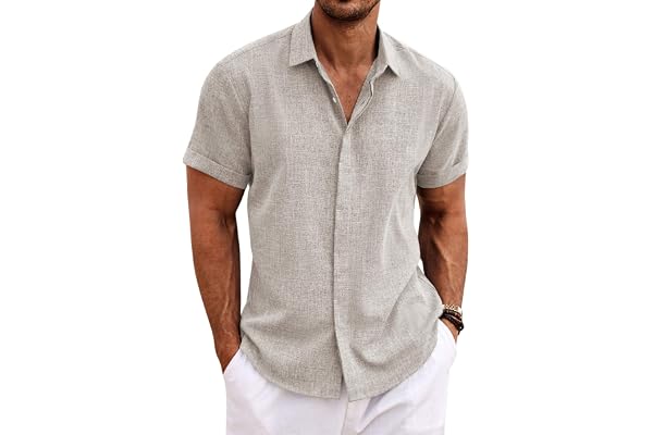 COOFANDY Men's Linen Shirts Short Sleeve Casual Shirts Button Down Shirt for Men Beach Summer Wedding Shirt