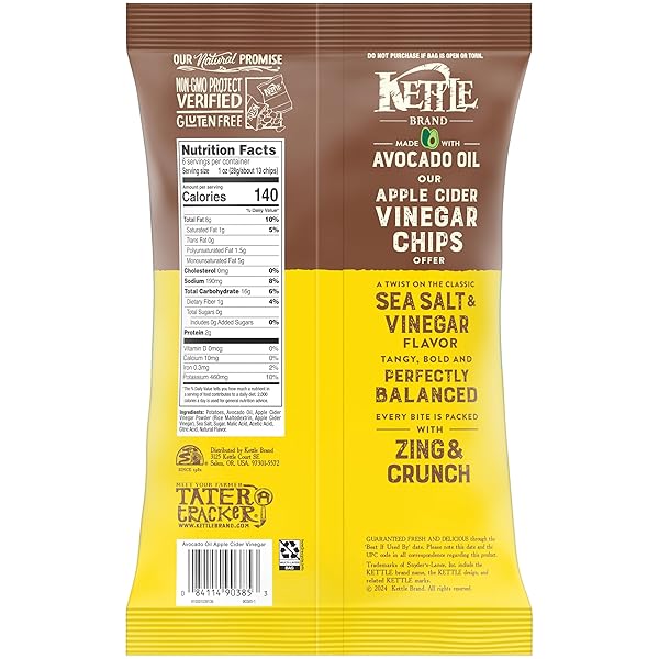 KETTLE BRAND MADE WITH AVOCADO OIL APPLE CIDER VINEGAR CHIPS, 6 OZ BAG