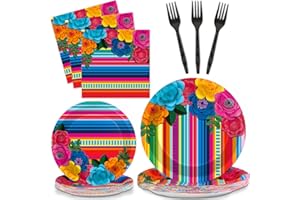 ZOIIWA 96 Pcs Mexican Fiesta Plates and Napkins Party Supplies Fifth of May Tableware Mexican Theme Birthday Party Decorations Fiesta Floral Stripes Paper Dinnerware for Taco Weddings Baby Shower Serves 24