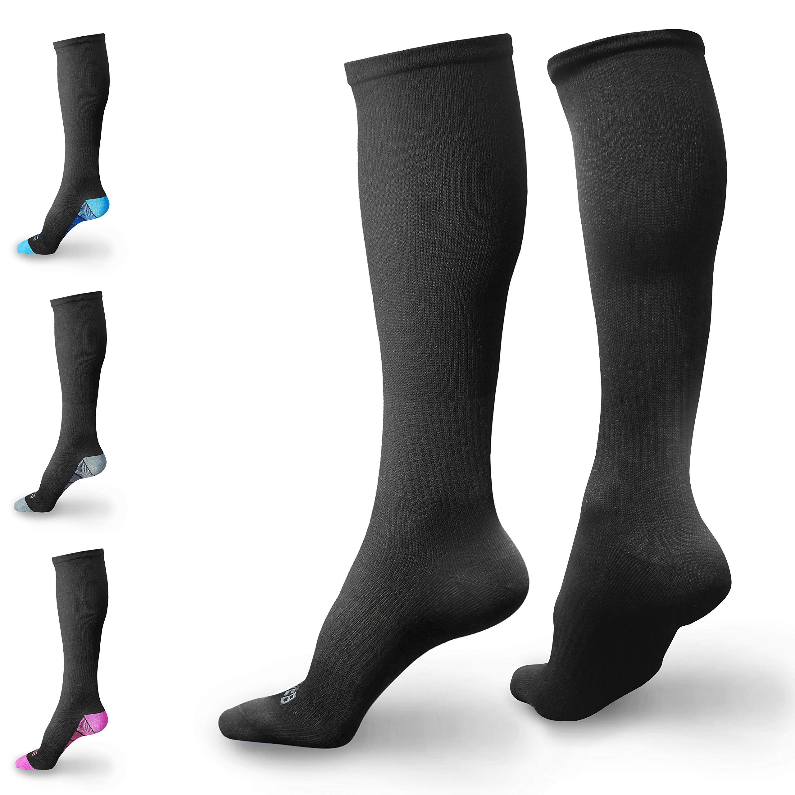 Bams Odor-Kill Bamboo Black Compression Socks for Men, Women- Antibacterial 15-20 mmHg Medical Graduated Knee-High Sock for Recovery Pain Swelling Injury Sports, Diabetic, Nurse, Maternity, Flight