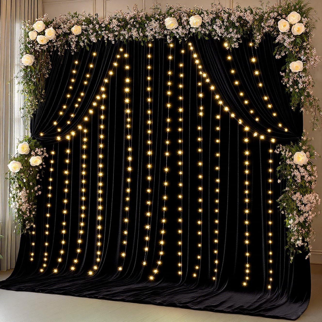 Photo 1 of 10 x 10 Black Backdrop Curtains with Lights String for Halloween Party Spandex Photo Background Drapes Wrinkle Free Curtains Backdrop for Wedding Birthday Reception Baby Shower Ceremony-5 x 10ft x 2P