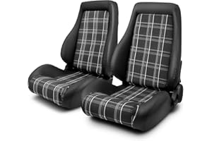 ModifyStreet Racing Seats OBS Style Seats, Black PVC Leather with Plaid Design, Universal Fit with Sliders, Pair