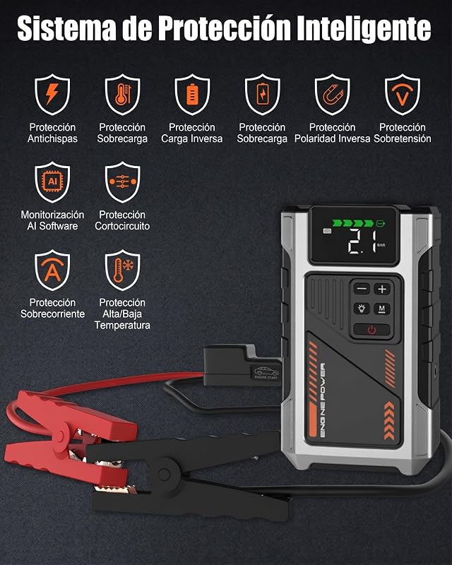 Motor de arranque da bateria do carro com compressor de 150 PSI, motor de arranque de 6000A (para gasolina 9.0L ou diesel 7.5L), amplificador de bateria de 12V com ecrã LCD, lanterna LED