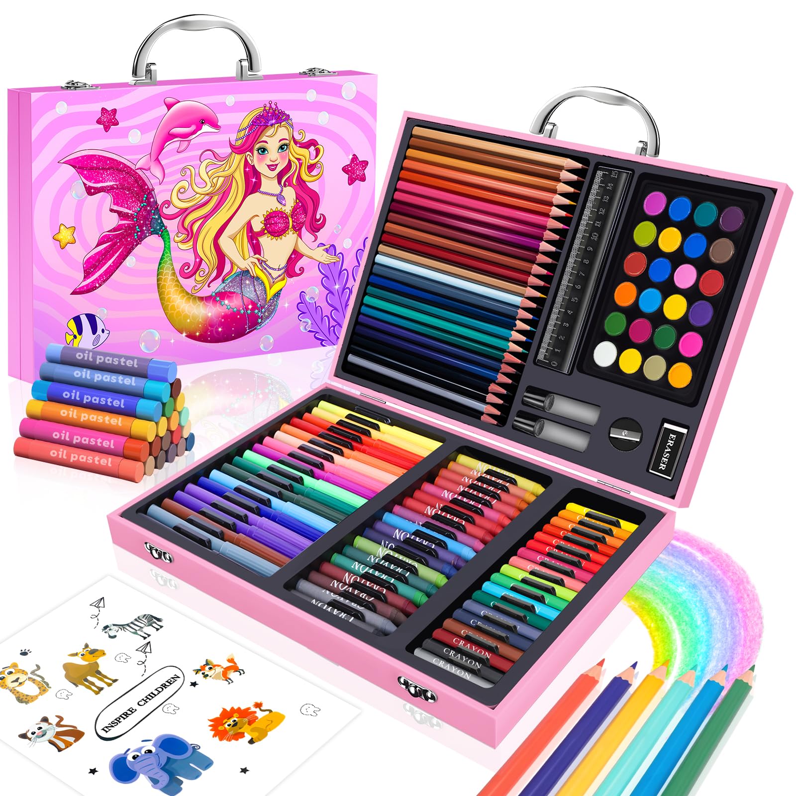 CutteeyFyry Mermaid Art Set with Marker Pens, Oil Pastels, Crayons, Colored Pencils for Ages 4-12 - Arts and Crafts Coloring Kit for Girls