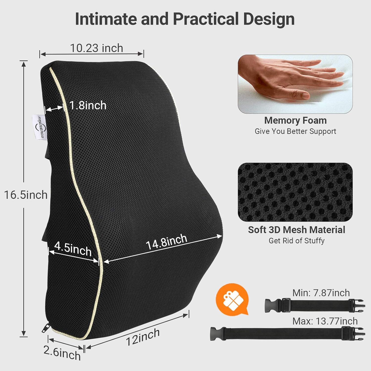 AMERIERGO Lumbar Pillow, Memory Foam Back Cushion with Breathable Mesh Cover, Multifunctional Lumbar Support Pillow for Office Chair, Computer Chair & Car Seat: Home & Kitchen
