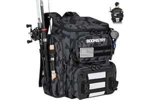 Boomistry 46L Fishing Backpack Tackle Bag with Rod Holders, Waterproof Rain Cover, Large Fishing Backpack with Bottle Holder for Fishing Gear and Equipment Outdoor Camping Hiking (Grey Camo)