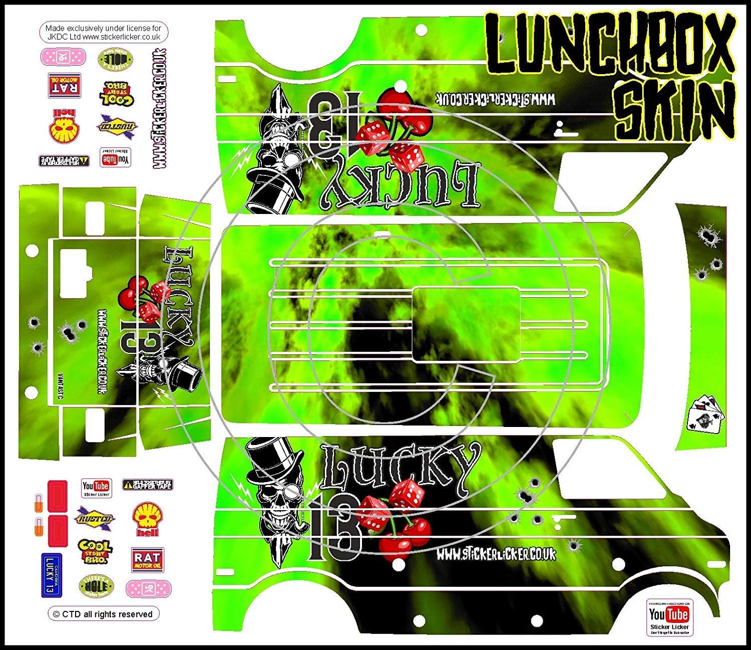 GREEN The Gambler Lucky 13 themed vinyl SKIN Kit & Stickers to fit Tamiya Lunchbox R/C Monster Truck