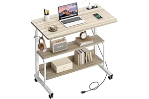 soges 31.4inches Adjustable Mobile Computer Desk with Storage Shelves, Portable Laptop Desk Cart, Rolling Working Desk Home O