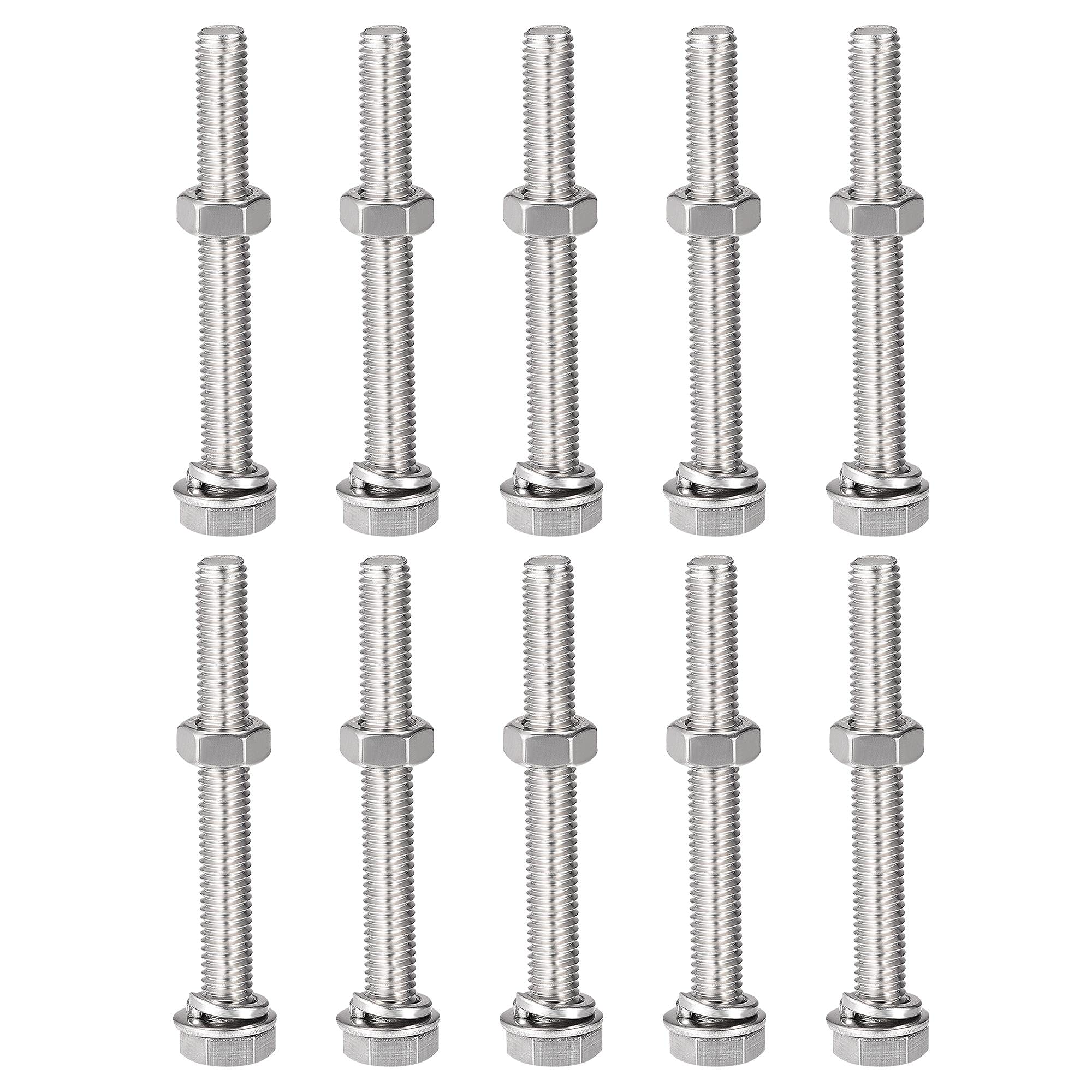 sourcing map M8 x 65mm Hex Head Screws Bolts, Nuts, Flat & Lock Washers Kits, 304 Stainless Steel Fully Thread Hexagon Bolts 10 Sets โ image 1