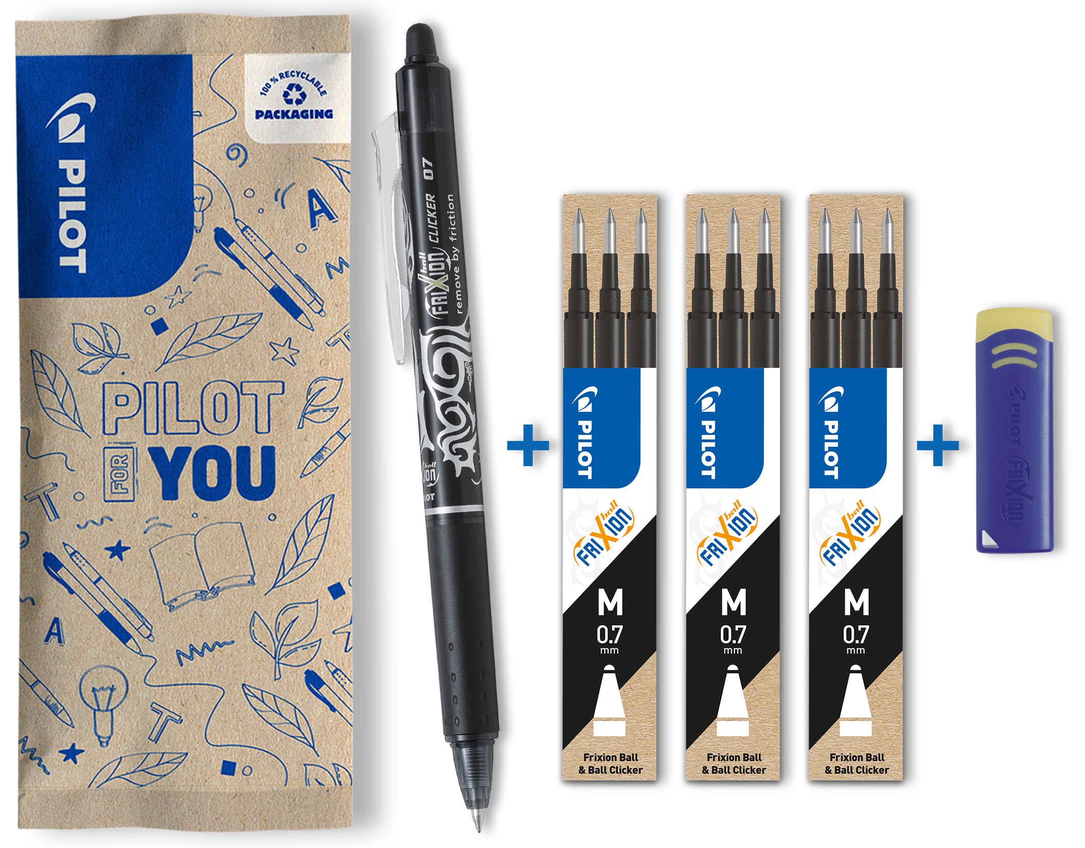 PILOT - Pack of 1 FriXion Ball Clicker 0,7 - Erasable pen - Medium - Black + 3 * 3 Set of Refill Black + Remover