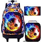 Boys Rolling Backpack, 3PCS Mens Roller Bookbag with Lunch Bag for Kids, Wheeled School Bag for Children - Flame Soccer