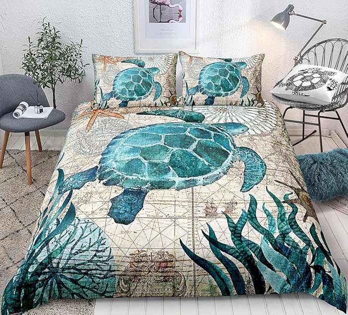 3D Sea Turtle Bedding Set Blue Queen for Boys Kids Girl Ocean Beach Themed 3 Pcs Duvet Cover Children Teens Retro Tortoise Comforter Cover Hawaiin Turtle Printed Bedspread/Quilt Cover for All Seasons