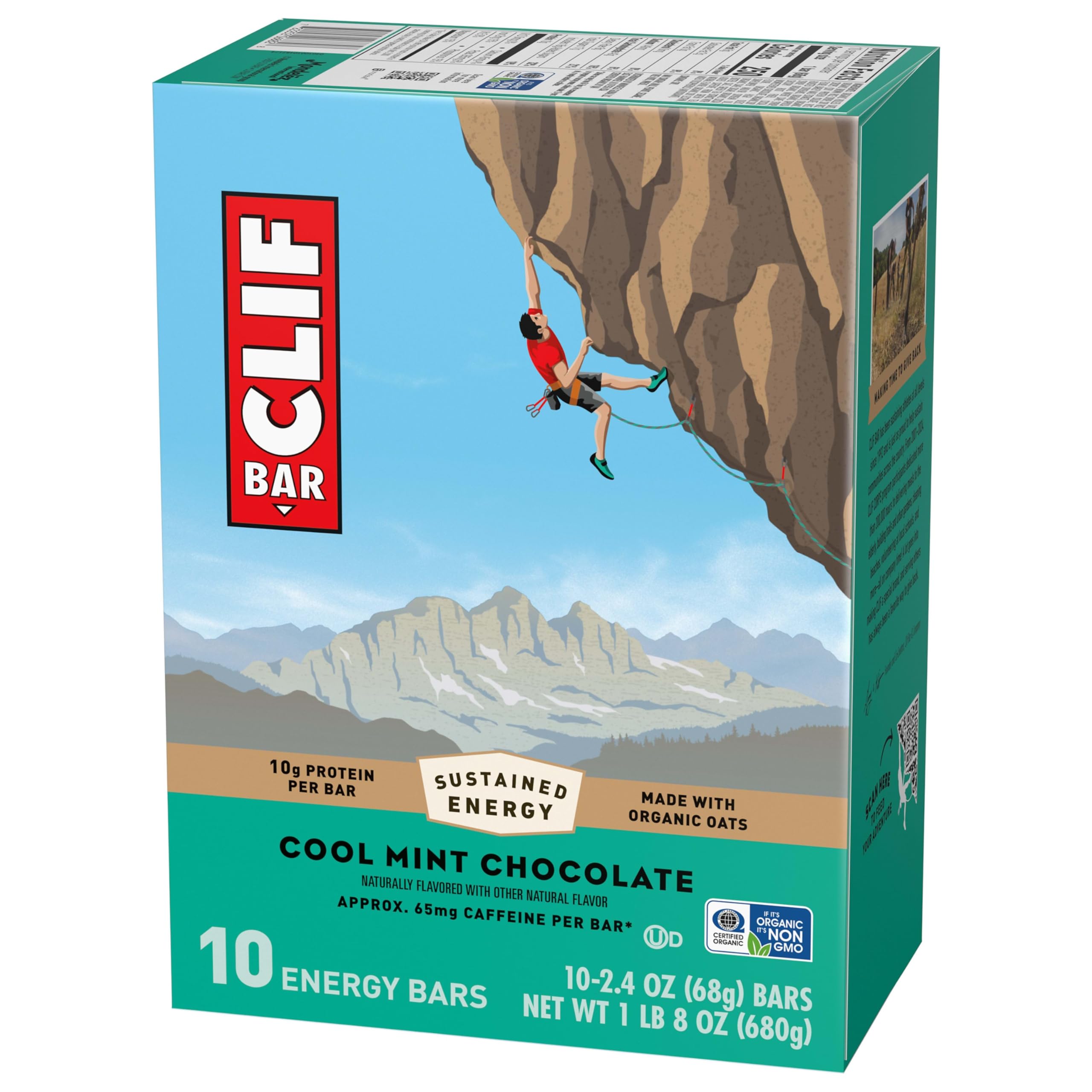 CLIF BAR - Energy Protein Bars - Cool Mint Chocolate with Caffeine - Made with Organic Oats - Energy Bars - Non-GMO - (10 Pack)