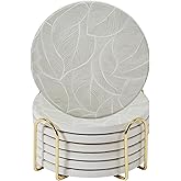 Colorful Stone Marble Coasters Set of 6, Cute Moisture Absorbing Coaster, Coffee Table Decor, Ceramic Absorbent Drink Coasters (Green Leaf Design)