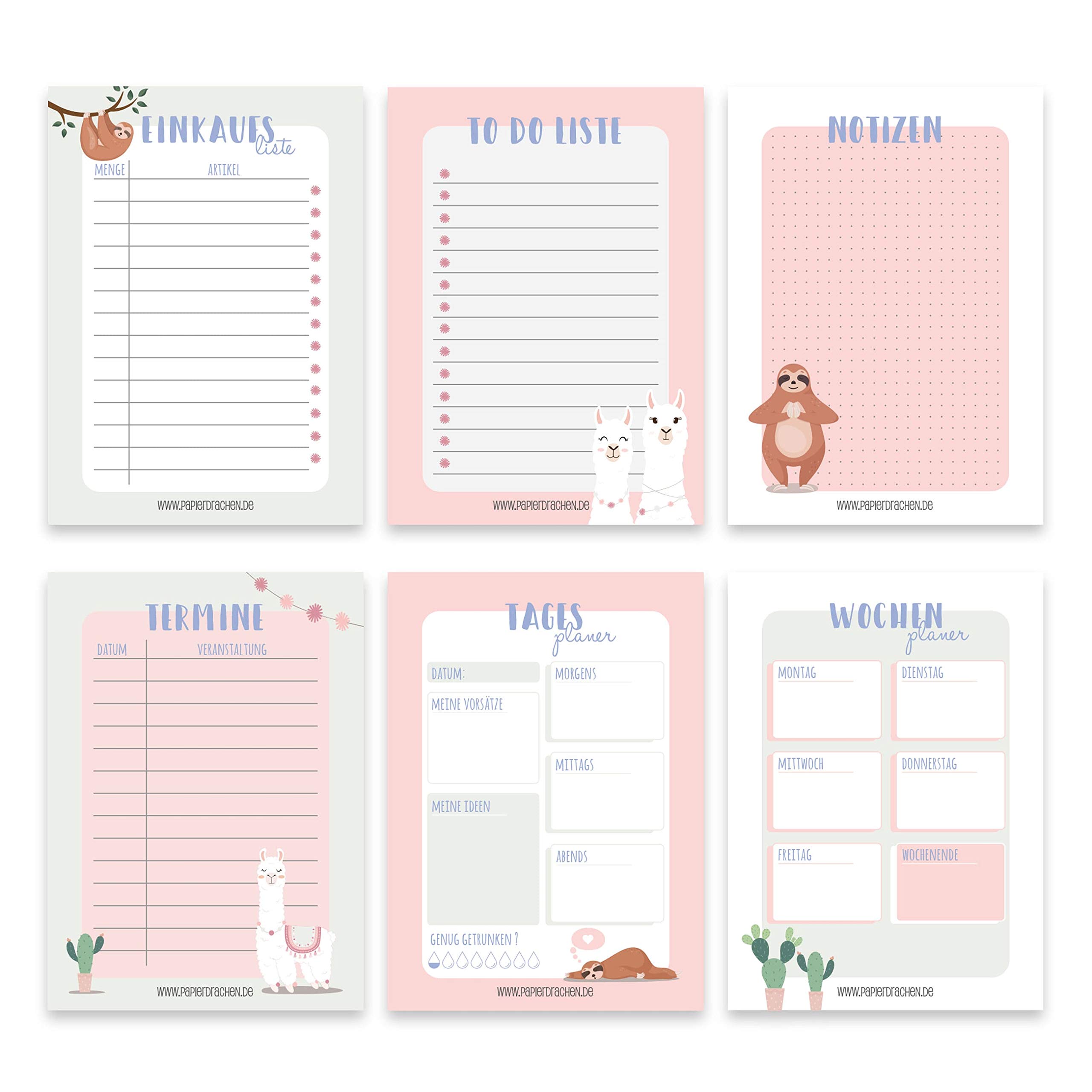 Papierdrachen 6 notepads for appointments, weekly planner, daily planner, to do list, shopping lists, daily planner and weekly planner, sloth and llama - ideal for university and household - notepad -