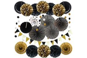 ZERODECO Party Decoration, 21 Pcs Black and Gold Hanging Paper Fans, Pom Poms Flowers, Garlands String Polka Dot and Triangle Bunting Flags for Birthday Parties Wedding Décor, Table & Wall Decorations