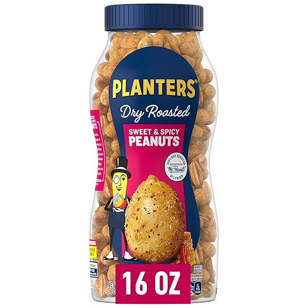 PLANTERS SWEET AND SPICY PEANUTS, PARTY SNACKS, PLANT-BASED PROTEIN, AFTER SCHOOL SNACK, QUICK SNACKS FOR ADULTS, SWEET AND SALTY SNACK NUTS, PANTRY STAPLE, HONEY ROASTED PEANUT, KOSHER, 16OZ JAR