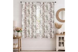 Simplebrand Natural Floral Curtains 54 Inch Length 2 Panels, Faux Linen Textured Light Filtering Privacy Curtains, Farmhouse 
