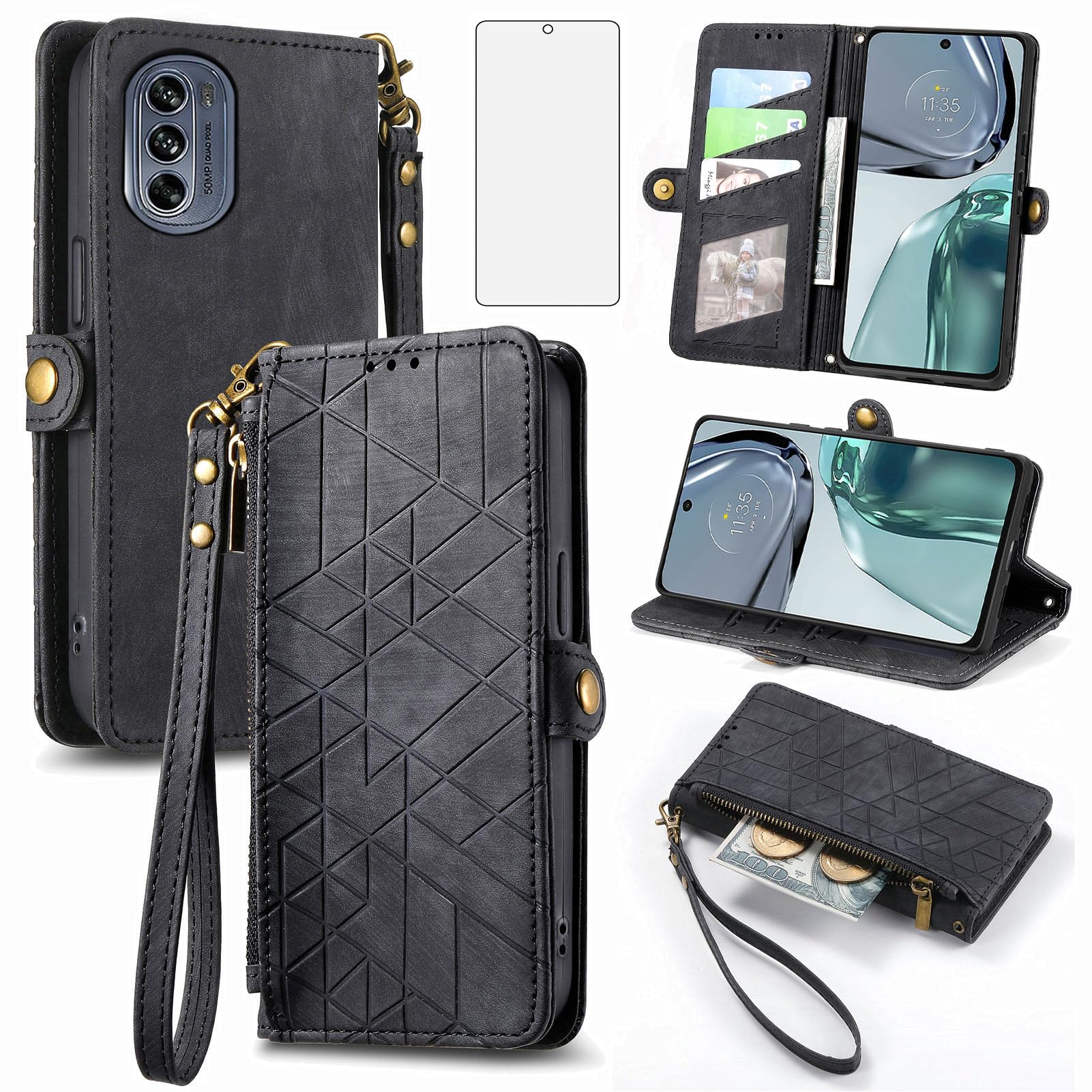 Asuwish Phone Case for Motorola Moto G62 5G Wallet Cover with Tempered Glass Screen Protector and Wrist Strap Leather Flip Zipper Credit Card Holder Stand Cell Accessories G 62 62G Women Men Black