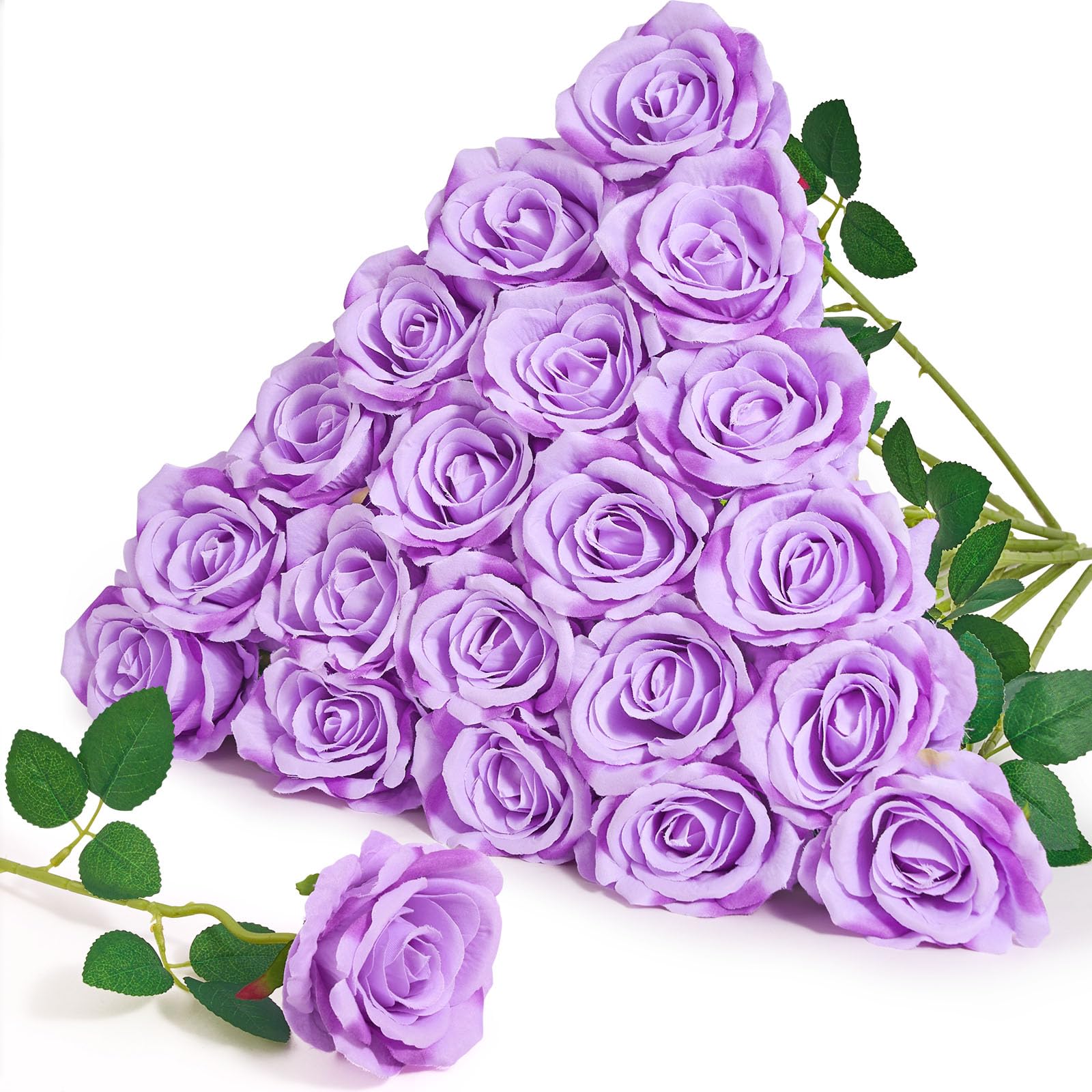 Photo 1 of Serwalin 20pcs Artificial Roses, 4'' Big Flower Head, Light Purple Roses Velvet Real Touch, Silk Fake Roses Long Stem Realistic Bouquet for Wedding Table Centerpiece and Home Decor