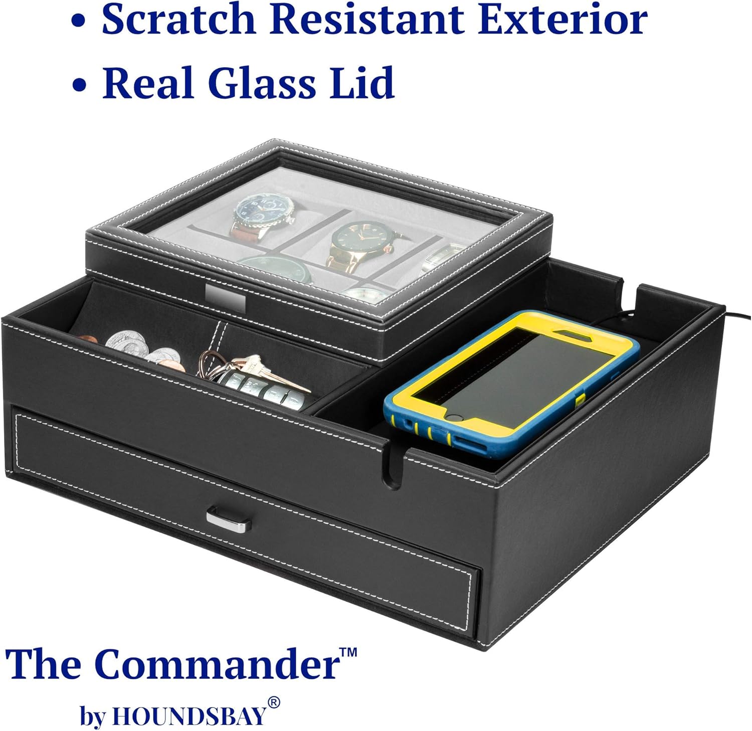 HOUNDSBAY Commander Dresser Valet Watch Box Case & Mens Jewelry Box Organizer with Smartphone Charging Station (Black/Gray): Home Improvement