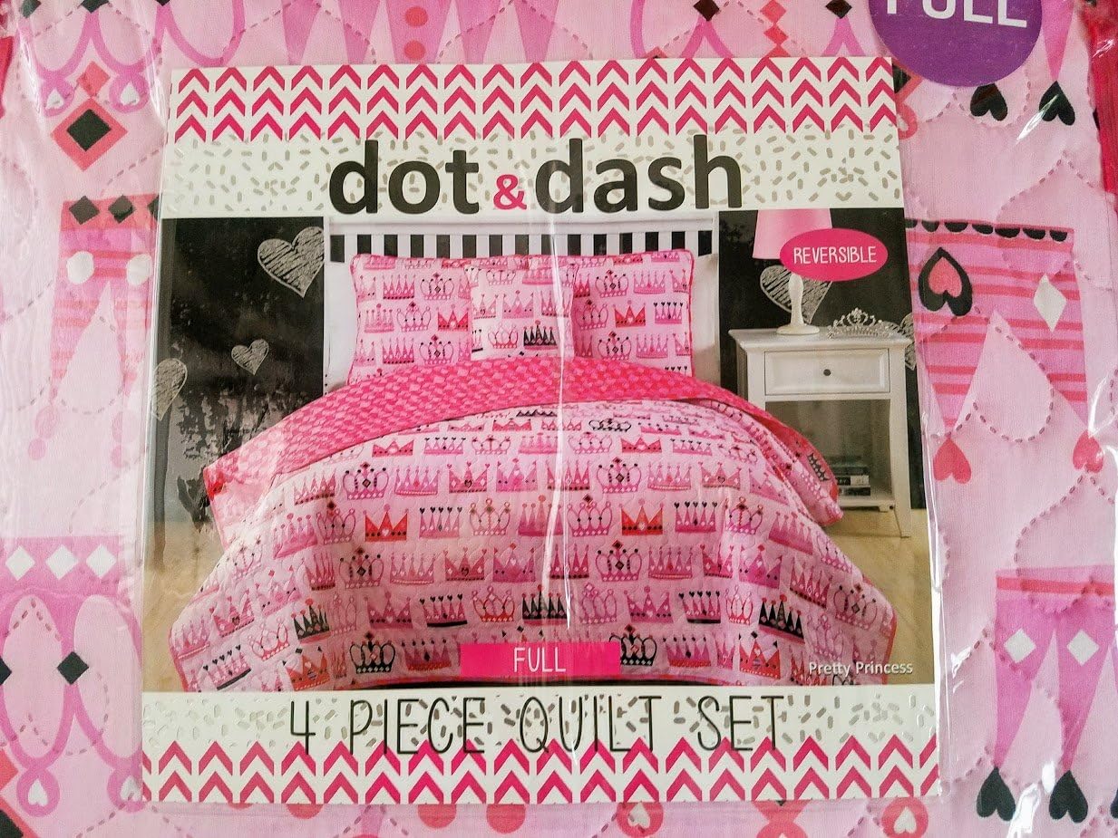 Dot & Dash 4pc Pretty Princess Reversible Full Quilt Set in Pink