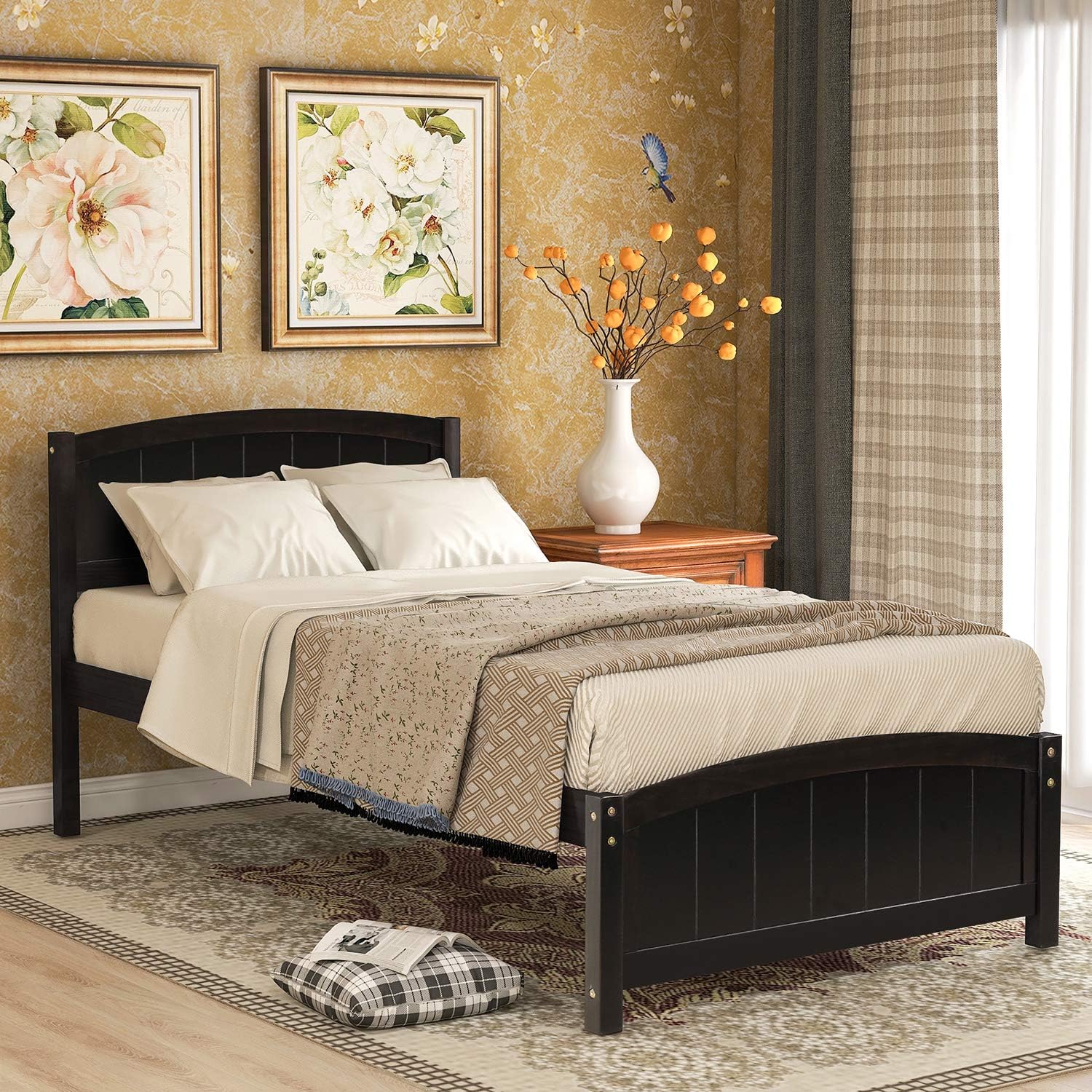 P PURLOVE Platform Bed Wood Slat Support Bed with Headboard