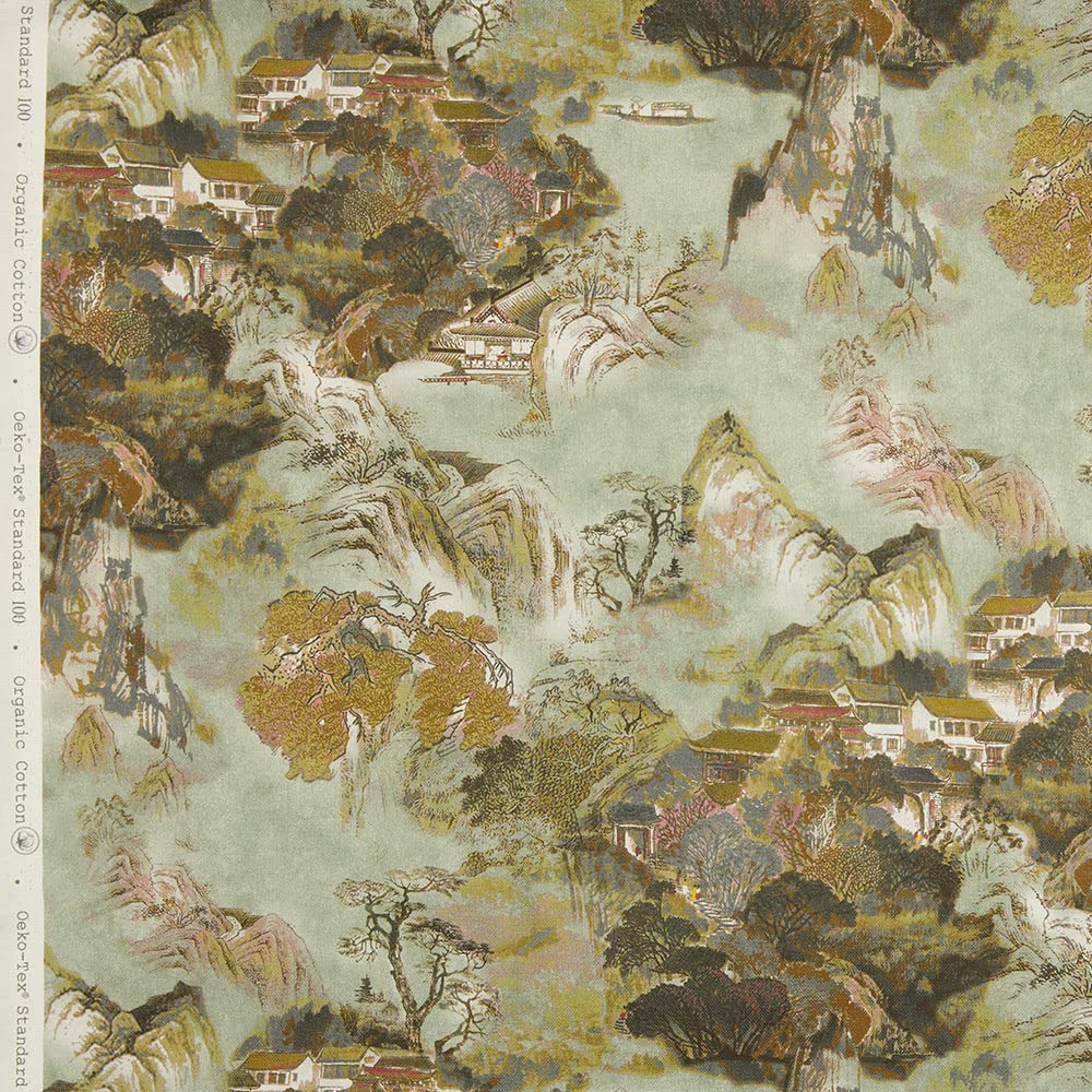 Kt KILOtela - Digital Printed Canvas Fabric, Half Panama Organic Cotton, Standard 100 by Oeko-Tex, 100 cm Length x 280 cm Width | Paisaje Casas Bardot - Green ─ 1 meter