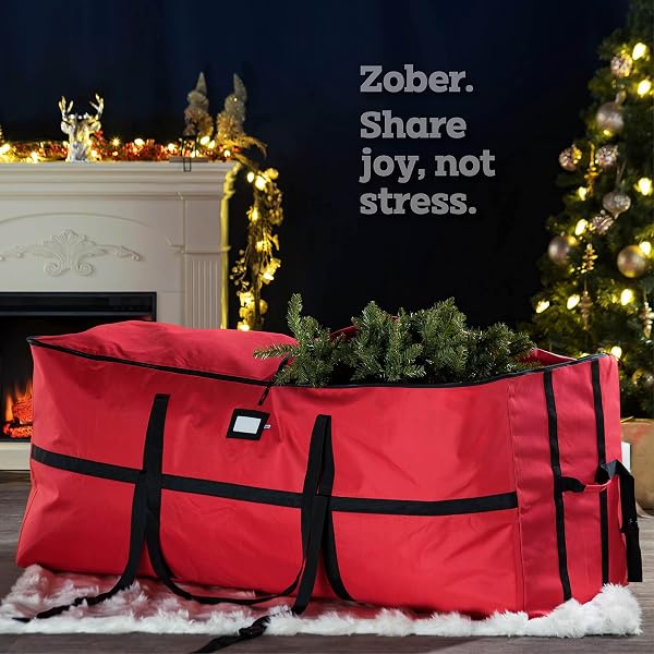 ZOBER WIDE CHRISTMAS TREE STORAGE BAG – MAXIMUM ACCESSIBILITY – FITS 7.5 FT TREES – 600D OXFORD FABRIC CHRISTMAS TREE BAG FOR STORAGE BOX FOR XMAS – STRONG, DURABLE STRAPS & HANDLES – CARD SLOT – RED