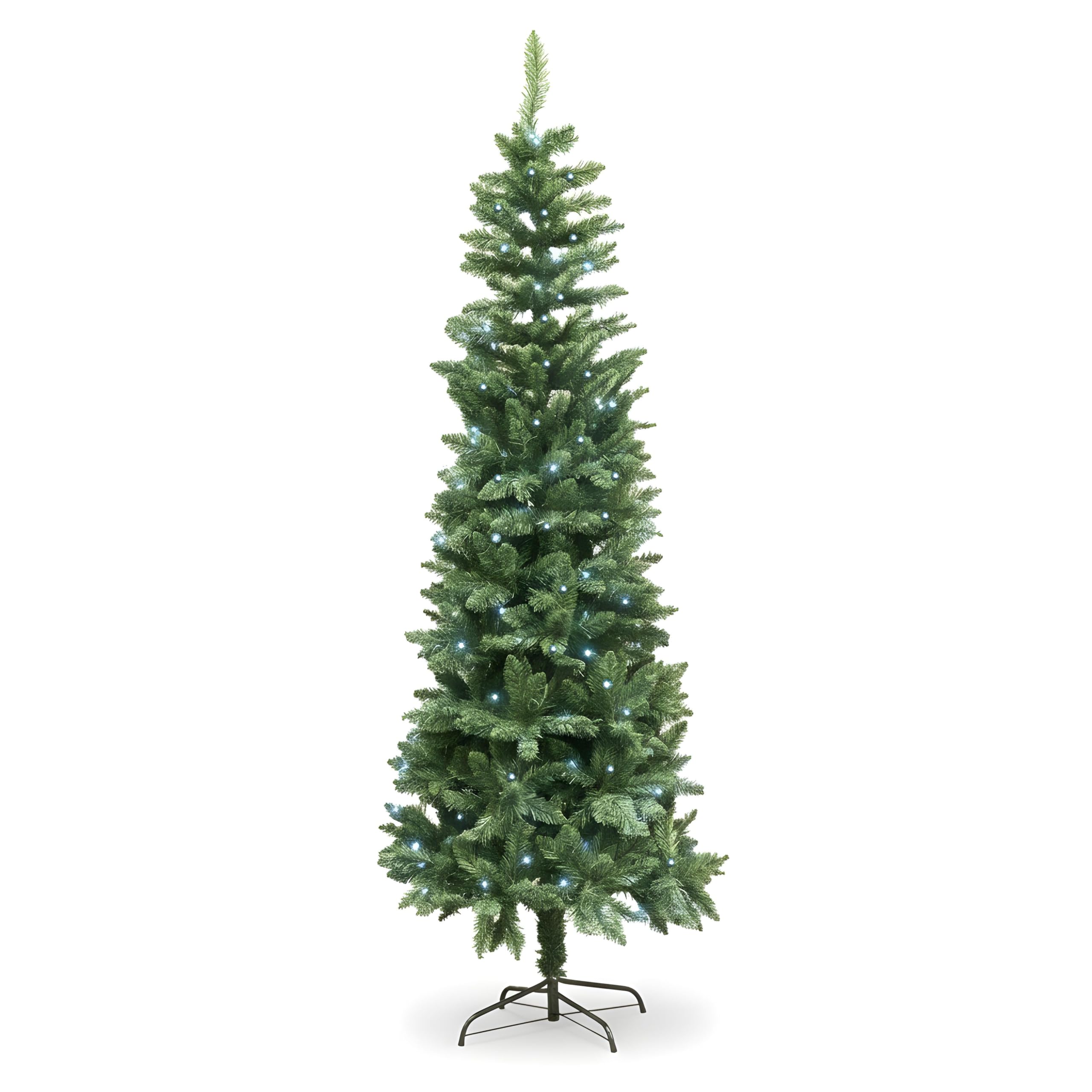 4Ft/1.2m Pre-Lit Green Christmas Tree Slim Tree Pine Narrow Xmas Tree, Pointed Tips, Metal Stand, Cool White LED Lights, Holiday Home Decorations