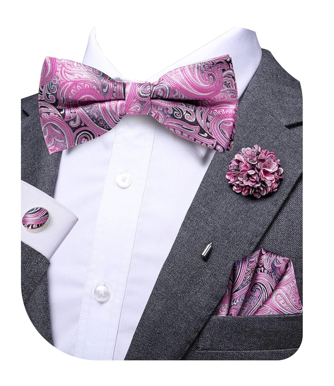 Dubulle Bow Tie and Lapel pin Set with Pocket Square Cufflinks (Pink