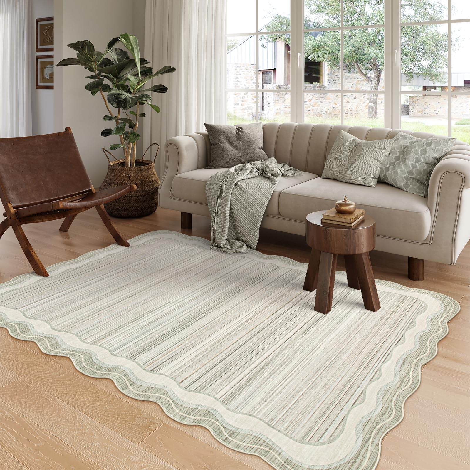 Photo 1 of Lahome Scalloped Modern Area Rugs 5x7 Washable Rugs,Large Irregular Beige Living Room Bedroom Rugs,Abstract Minimalist Soft Non-Slip Low-Pile Throw Carpet for Dining Room Home Office(Beige,5x7)