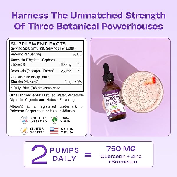 QUERCETIN WITH BROMELAIN & ZINC (5MG) LIQUID DROPS – IMMUNE SUPPORT FOR ADULTS & KIDS – ULTRA-CONCENTRATED BIOFLAVONOIDS – IMMUNE DEFENSE – CELLULAR HEALTH – VEGAN, NON-GMO, GLUTEN FREE – 2 FL OZ