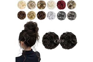 FeidyLong 2 PCS Messy Bun Hair Piece Wavy Curly Hair Bun Scrunchies Extensions Synthetic Chignon Thick Updo Hairpieces for Women Girls(Dark Brown)