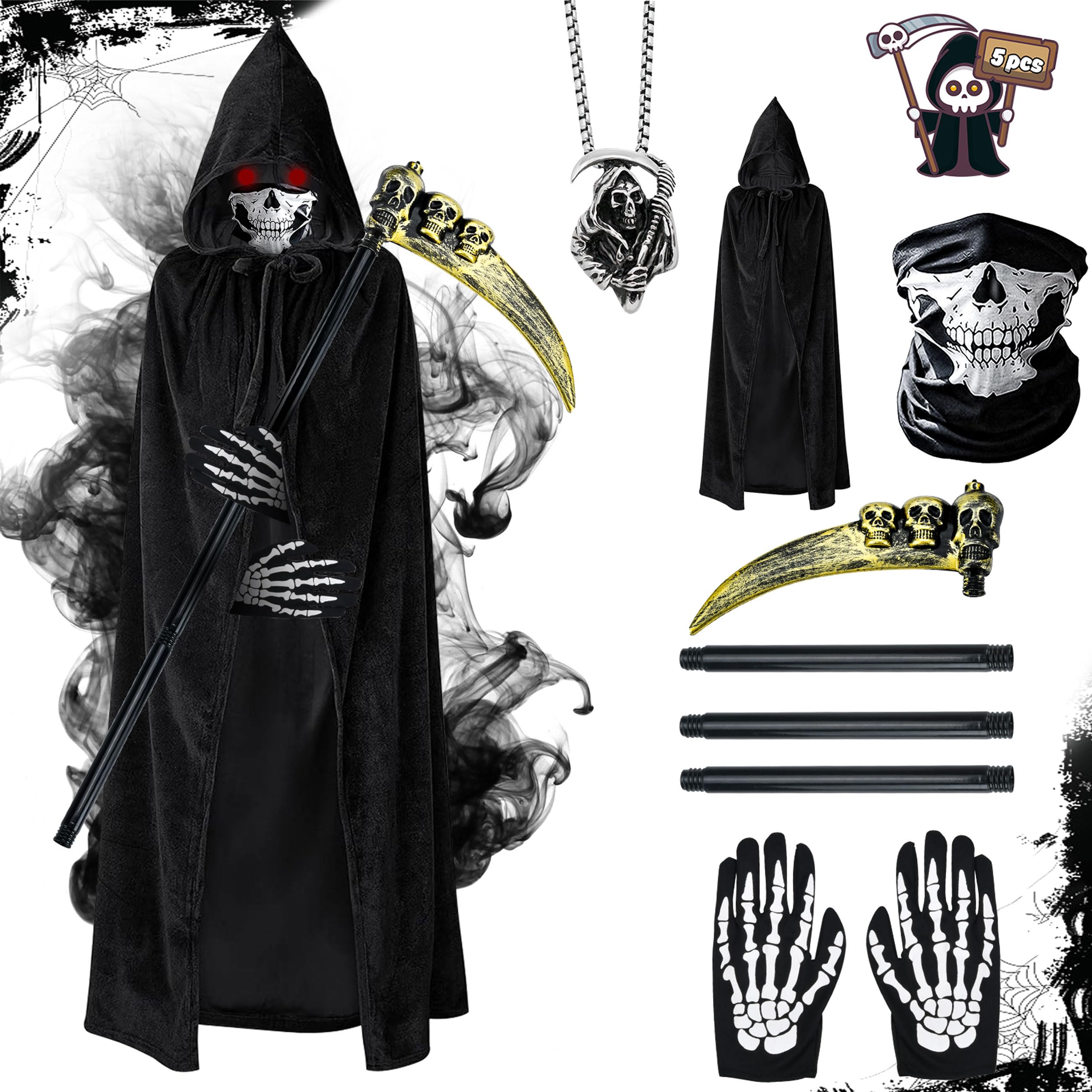 Abitoncc Halloween Black Grim Reaper Costume 5 PCS Skeleton Reaper Fancy Dress Black Cloak Skull Gloves Halloween Party Favors for Adults 130