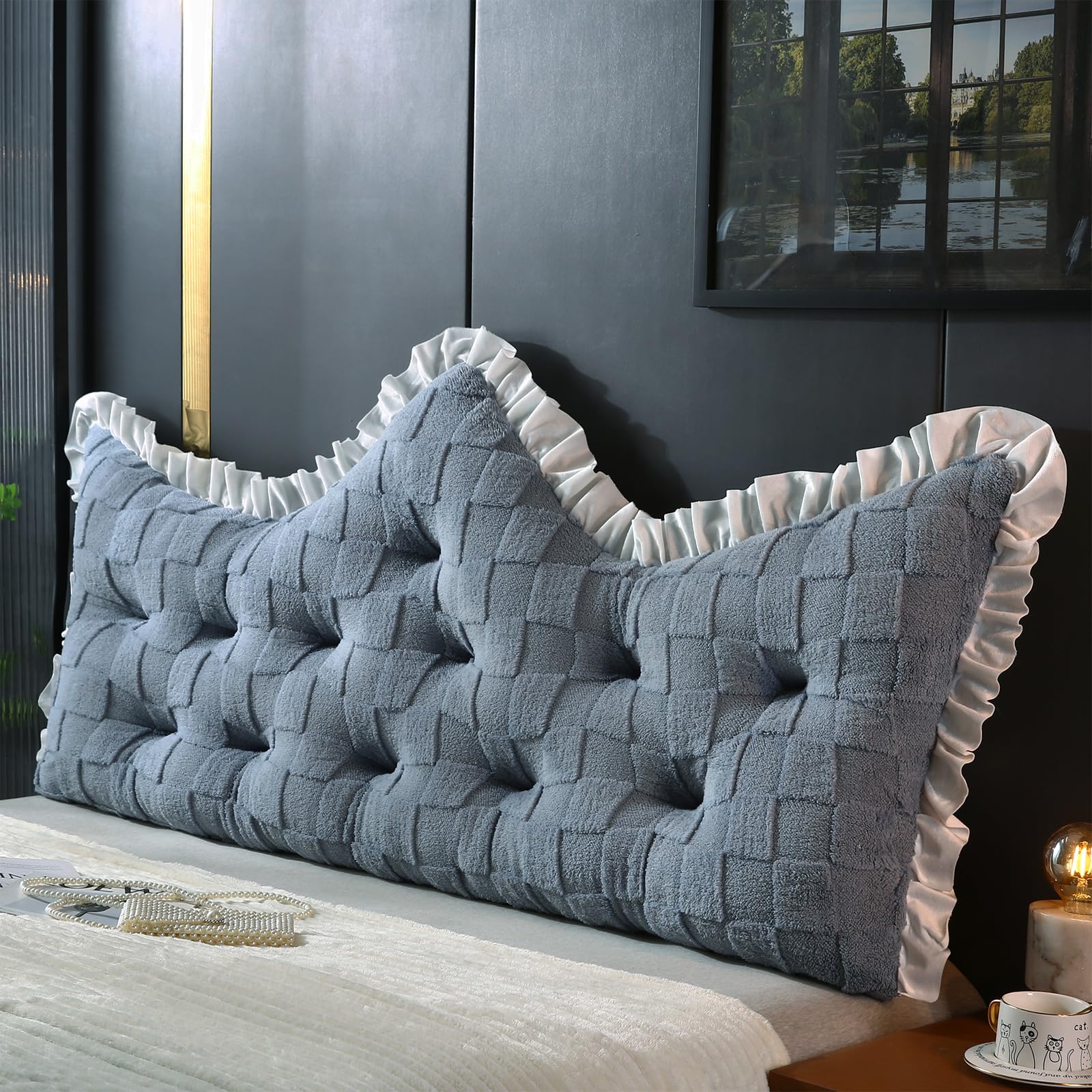 Photo 1 of ROOMLIFE Headboard Pillow Crown Princess Soft Bed Pillow for Headboard Backrest Positioning Support Bed Rest Reading Pillows Lace Process Headboard Pillows with Removable Cover(Queen, 24x59 Inches)