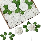 InnoGear Artificial Flowers, 50 Pcs White Foam Fake Roses Bulk with Stems for Decoration Celebration DIY Wedding Bouquets Centerpieces Bridal Shower Party Christmas Tree