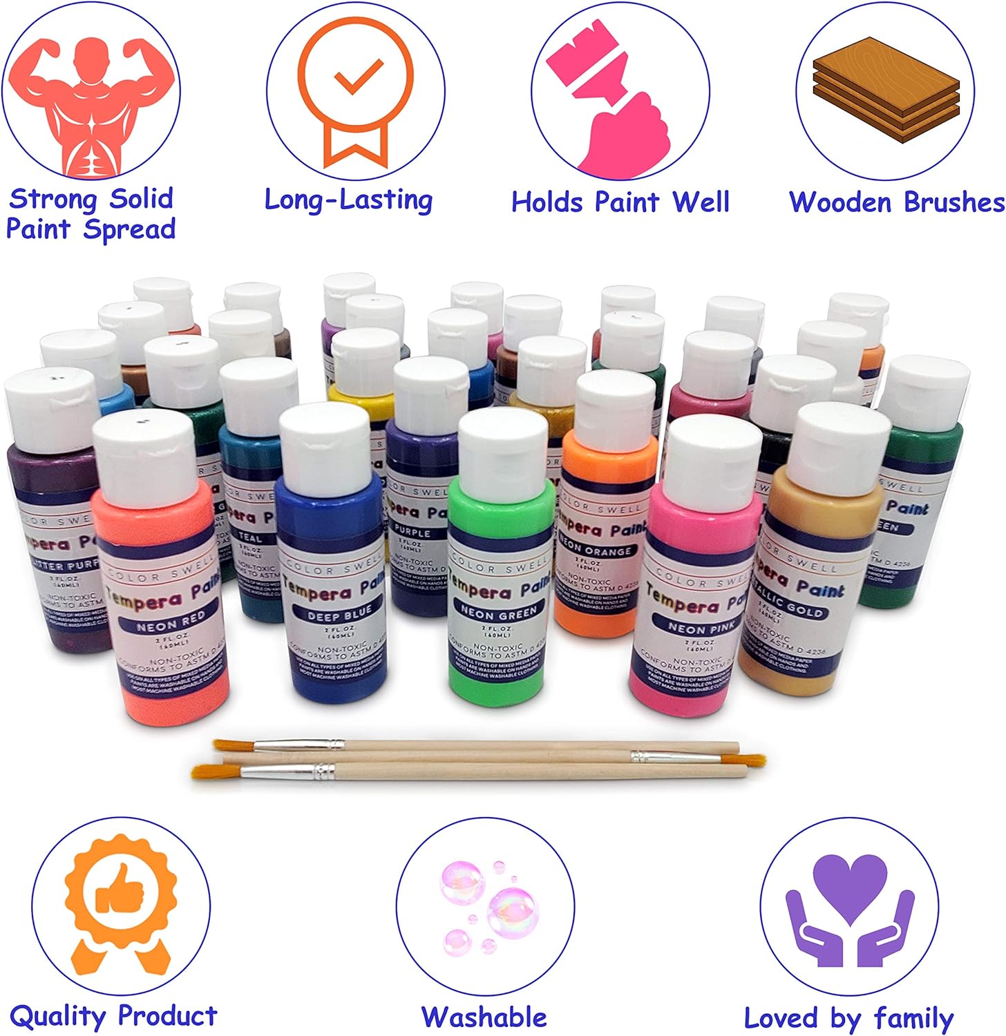 Color Swell Washable Tempera Paint Set - 30 Colors in 2 oz Bottles are Perfect for Kids Adults Parties Students Classroom Bulk - Image 3