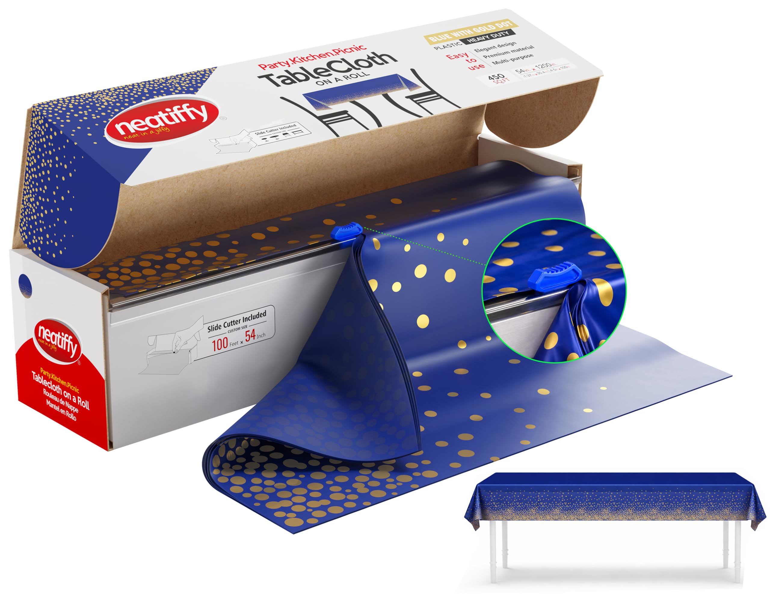 Neatiffy Disposable Plastic Table Cloth Roll, Party/Banquet Table Cover, Tablecloths for Rectangle/Round/Square Tables, Equals to 12 Picnic Pack (Blue Gold Dot)