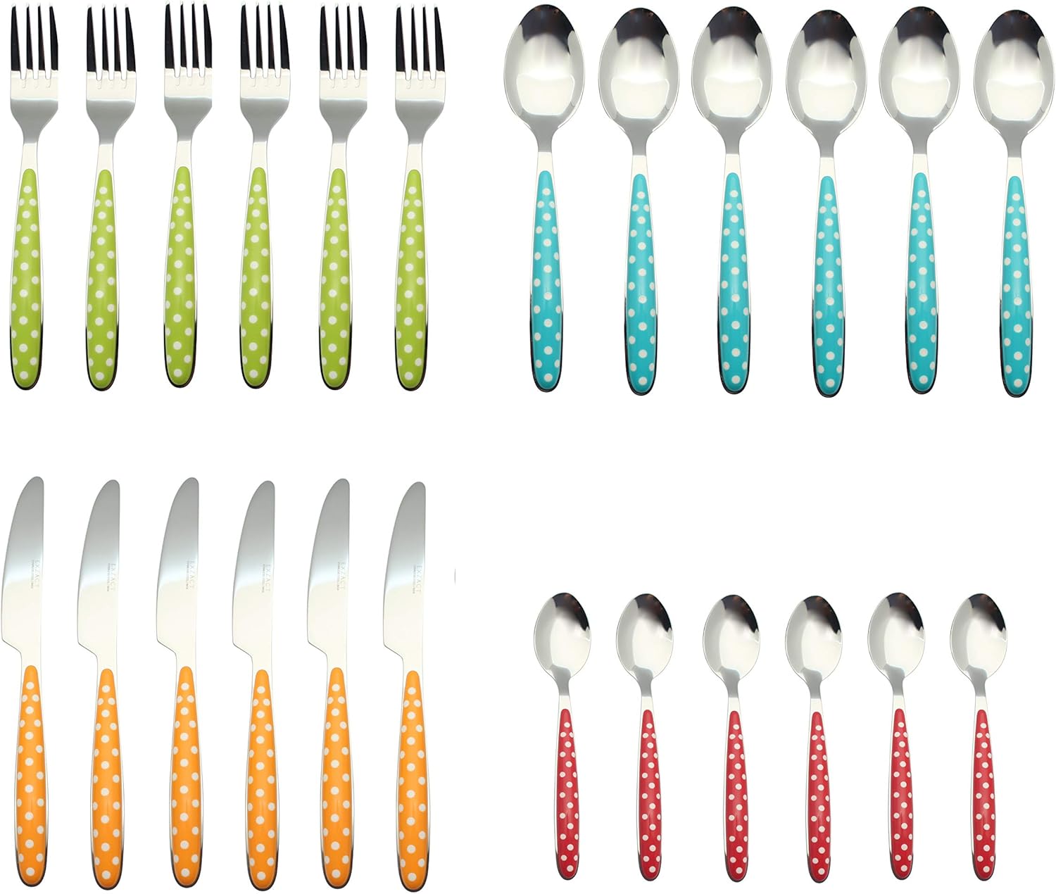 EXZACT Cutlery Set 24pcs Polka Dot Mixed Colours, Stainless Steel with Color Handles, 6 Forks, 6 Dinner Knives - Image 5