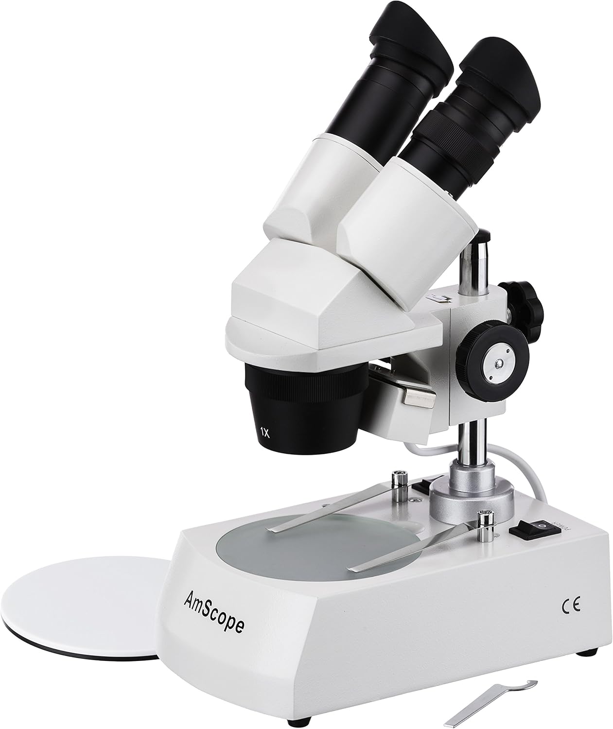 AmScope SE305-P Binocular Stereo Microscope, WF10x Eyepieces, 10X and 30X Magnification, 1X and 3X Objectives, Upper and Lower Halogen Lighting, Reversible Black/White Stage Plate, Pillar Stand, 120V