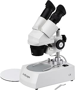 AmScope SE305-P Binocular Stereo Microscope, WF10x Eyepieces, 10X and 30X Magnification, 1X and 3X Objectives, Upper and Lower Halogen Lighting, Reversible Black/White Stage Plate, Pillar Stand, 120V