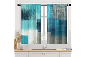 Tayney Turquoise Grey Painting Kitchen Curtains 45 Inch Length Teal Gray Window Short Tier Curtains Over Sink Set of 2, Contemporary Abstract Kitchen Decor 42x45 Inch