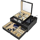 HOUNDSBAY Commander Dresser Valet Watch Box Case & Mens Jewelry Box Organizer with Smartphone Charging Station and Cufflink Box (Black/Ivory)